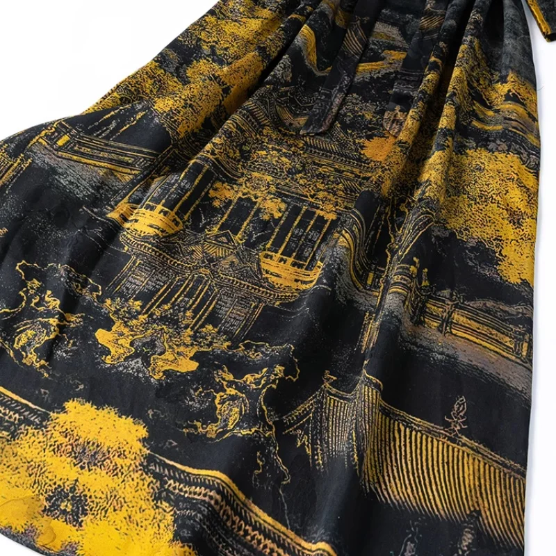 BirdTree 45MM 100% soie de mûrier noir robe dorée, femme lourd Satin col rond manches longues ceinture robes, 2025 été nouveau D57312JF