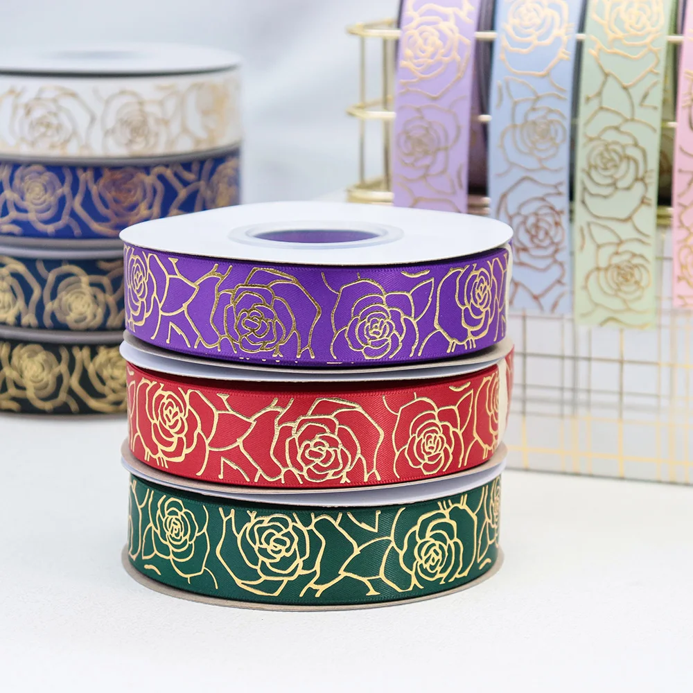 1\'\' 25mm Gold Foil Rose Lines Flower Single Side Satin Ribbon For Cakes Gift Decoration Hair Bows Accessories