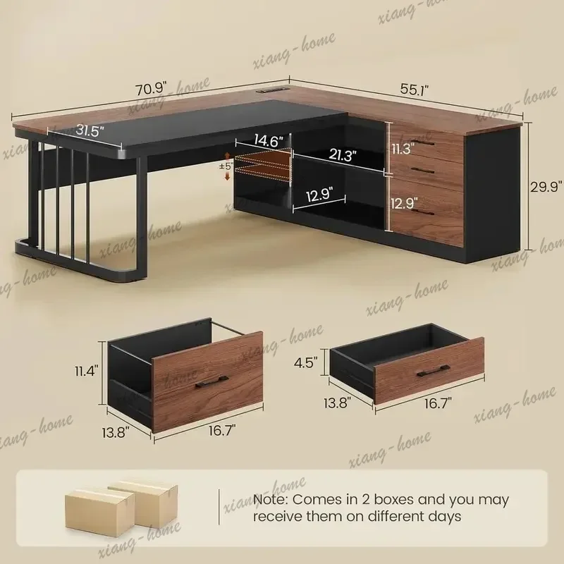 LD High Quality Large L-Shaped Walnut Executive Desk with Drawers Storage Shelves Power Outlets for Home Office