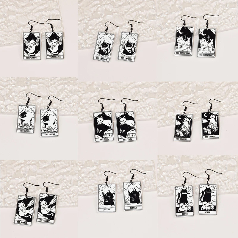 1 Pair of Black and White Cat Animal Lady Earrings Fortune Card Tarot Card Acrylic Metal Jewelry Accessories Gift for Friends