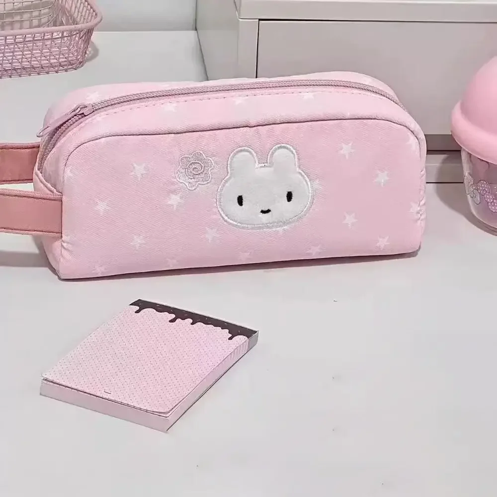 New Pink Pen Bag Star Rabbit Pattern Handheld Stationery Bag Large Capacity Zipper Design Stationery Storing Bag Students