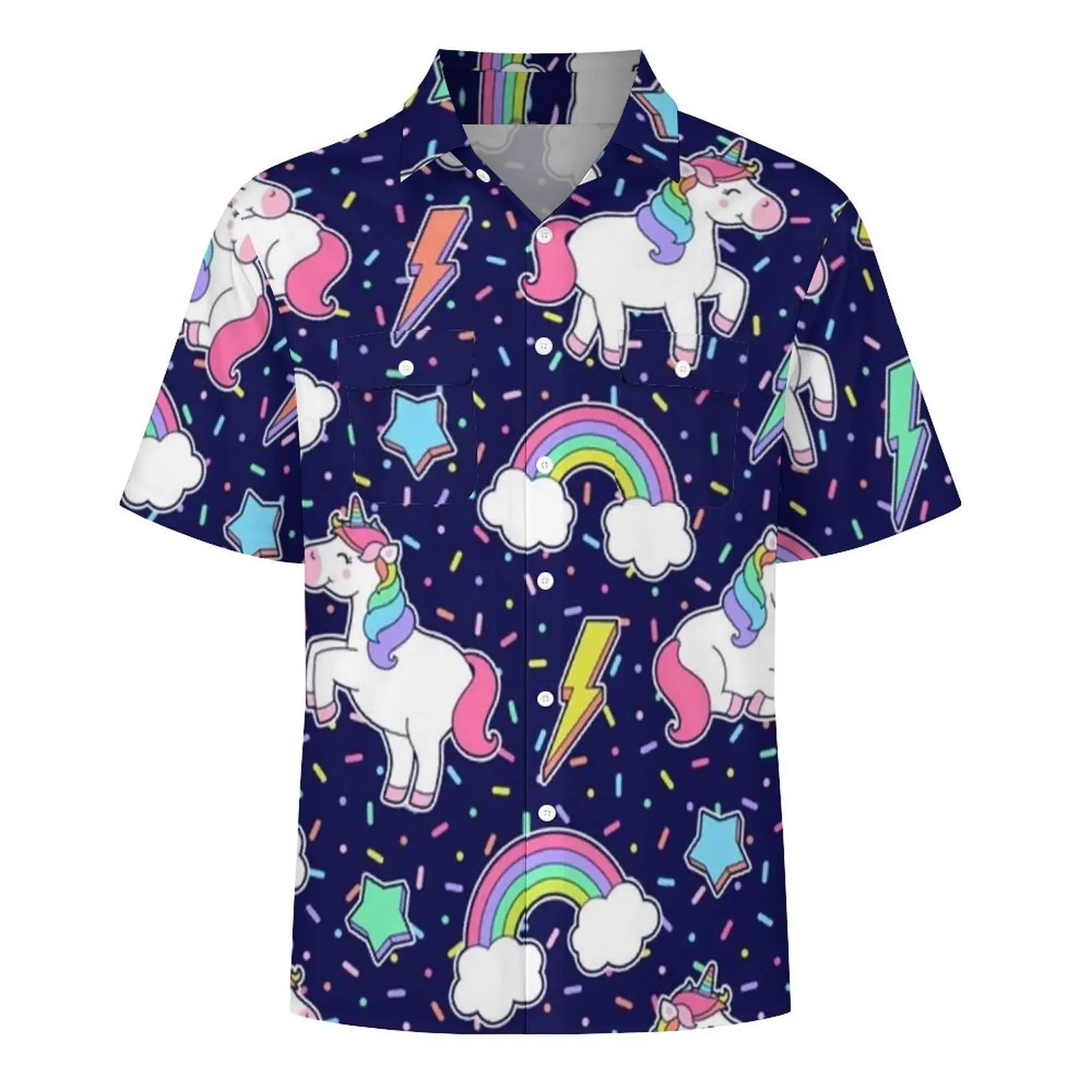 Hawaiian Shirt Vacation Cute Unicorn Cartoon Blouses Rainbow Star Thunder Vintage Casual Shirts Men Short-Sleeve Plus Size Top