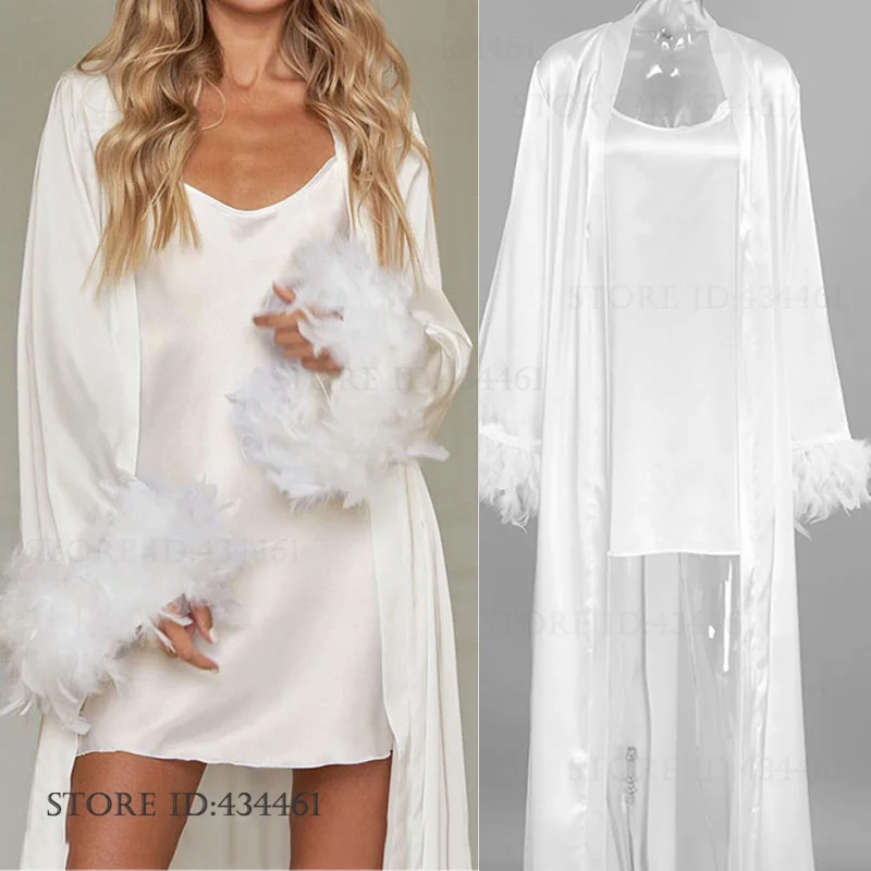 

Elegant White Ice Silk Bride Wedding Robe Dress Sexy Feather Cuff Long Kimono Bathrobe Gown Loose Sleepwear Nightgown Home Dress