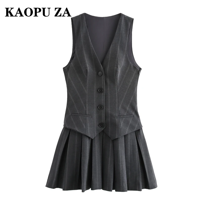 

KAOPU ZA Woman 2024 Summer Fashion Sleeveless Single-breasted Dress Top Female Casual V-Collar Striped Mini Skirt Pleated Skirt