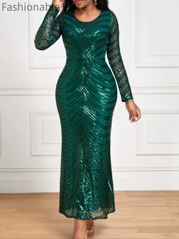 

Women's Sexy Glitter Sequin Long Sleeves Ankle-length Mermaid Party Dress