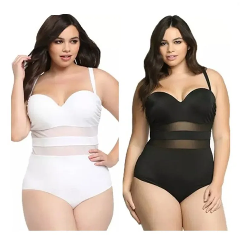 Plus Sizes Swimwear 2023 One- Piece Push Up High Waist Crisscross Mesh Solid Color Monokini Swimsuits For Women Maillots De Bain