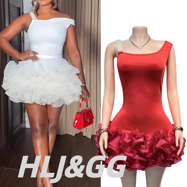 HLJ Sexy Mesh Ruffle Splicing Sleeveless Bodycon Party Club Dress Women One Shoulder Slim Vestidos Fashion Female Solid Clothing
