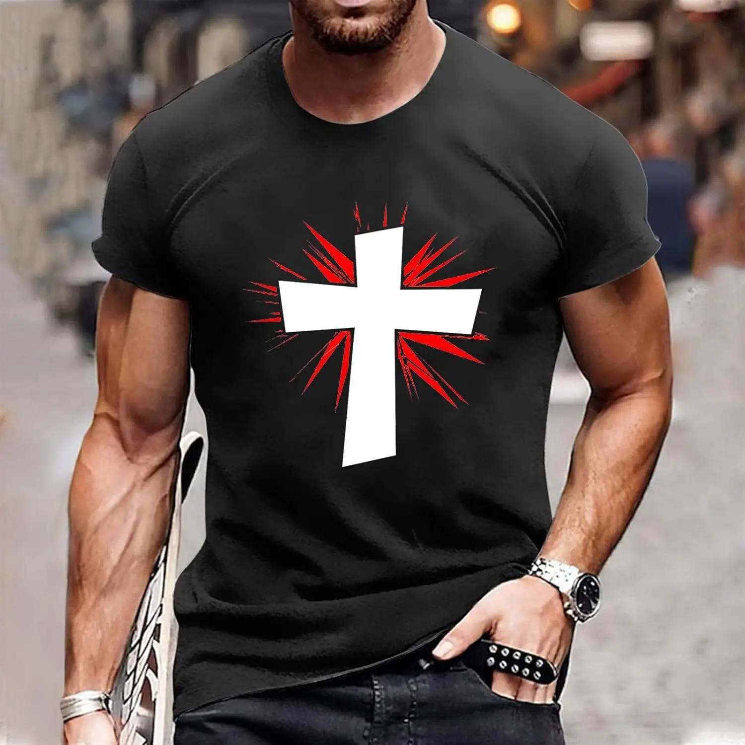 Men's Shirts Summer Short Sleeve Round Neck European Size Cross Print Pullover T-Shirt Top T-Shirts