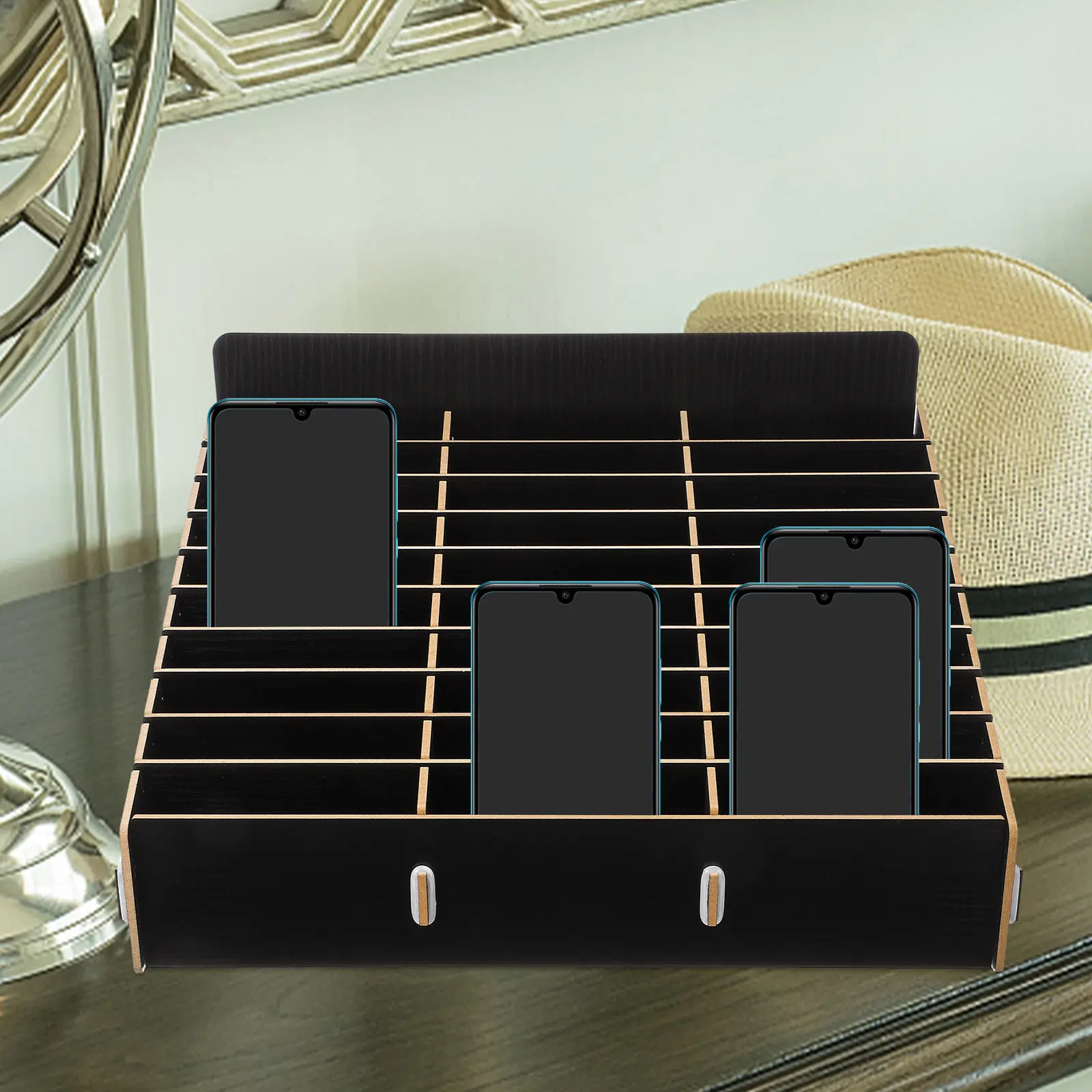 

Wooden 30-Grid Phone Organizing Box Desktop Mobile Phone Holder Multi-Grid Storage Case for Classroom Office Conference