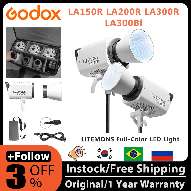 Godox LA150R LA200R LA300R LA300Bi RGB Full Color COB Photography Fill Light Bowens Mount 1800K-10000K LED Video Light with NFC