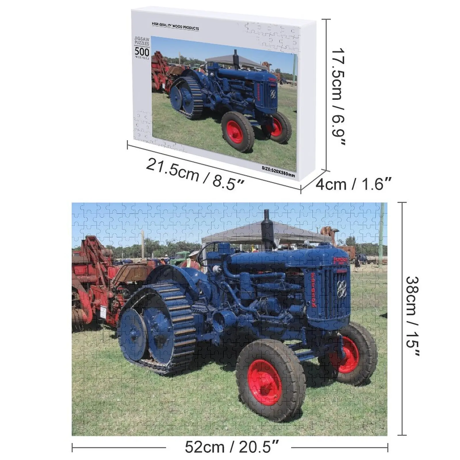 Puzzle Kayu Traktor Vintage 'Halftrack' Fordson dengan Foto dan Nama yang Dipersonalisasi