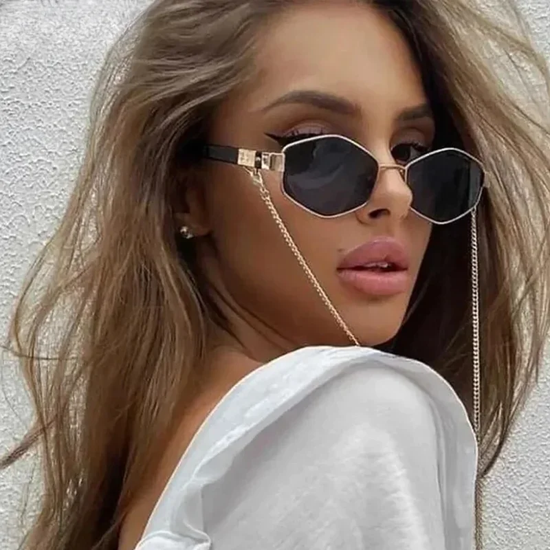 Vintage Punk Sunglasses Women With Chain Small Frame Sun Glasses for Ladies 2024 Luxury Brand Designer Hexagon Eyewear UV400