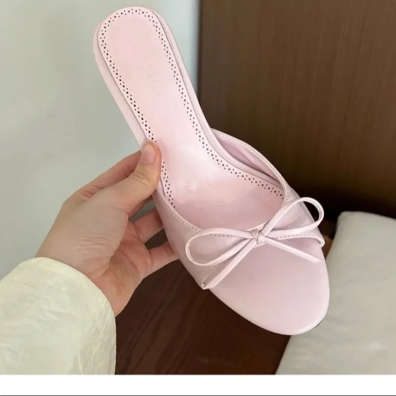 Pantoufles d'été roses à nœud papillon pour femmes, talons indépendants, mules pour dames, chaussures sandales, nouveautés, 2024