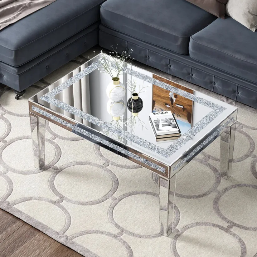 

Large square mirror coffee table high-end broken diamond sand decoration, stable bracket support