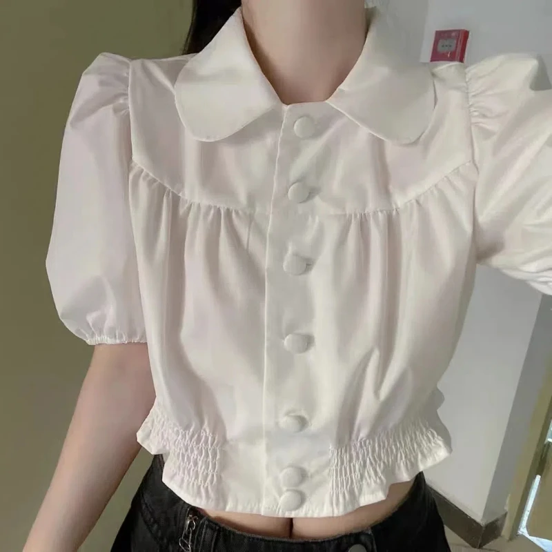 Youth Sweet Style Peter Pan Collar Shirt Korean Fashion Chic Short Tops Y2K Casual Female All Match Puff Sleeve Shirt Summer New