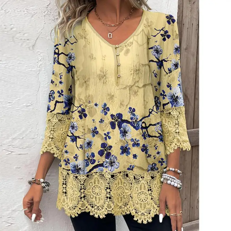 

Plus Size Women 3/4 Sleeve V-neck Floral Printed Graphic Lace Button Tops