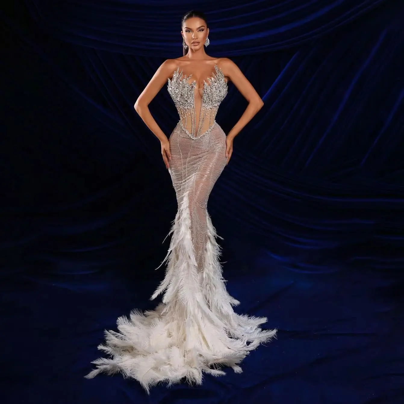 

Сексуальное вечернее платье русалки без рукавов с V-образным вырезом и блестками, расшитое бисером, на шнуровке и бриллиантами, 3D кружевное платье для выпускного вечера с перьями и шлейфом по индивидуальному заказу