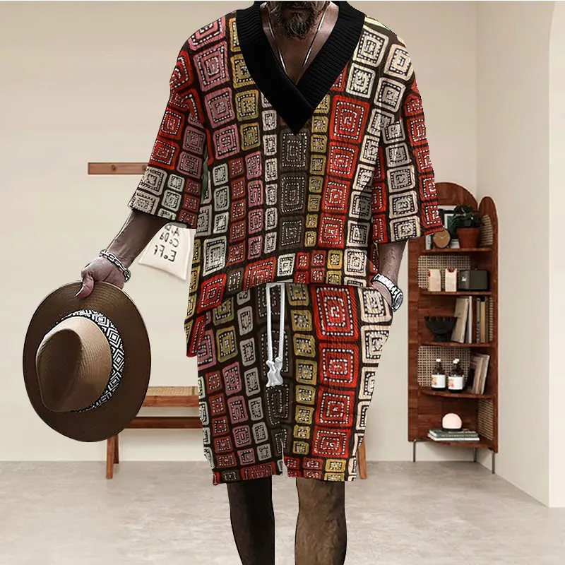 

2025 Summer New Men's Set 3D Casual Loose Euro Size Men's Wear V-neck Half-sleeve T-shirt And Shorts 2-piece Set