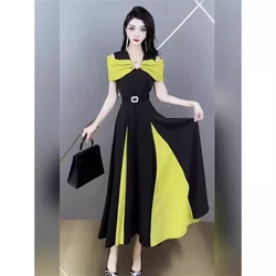 High end temperament Contrasting Color Large Hem Dress For Women With Off Shoulder New Summer Elegant With Slim Waist Long Dress