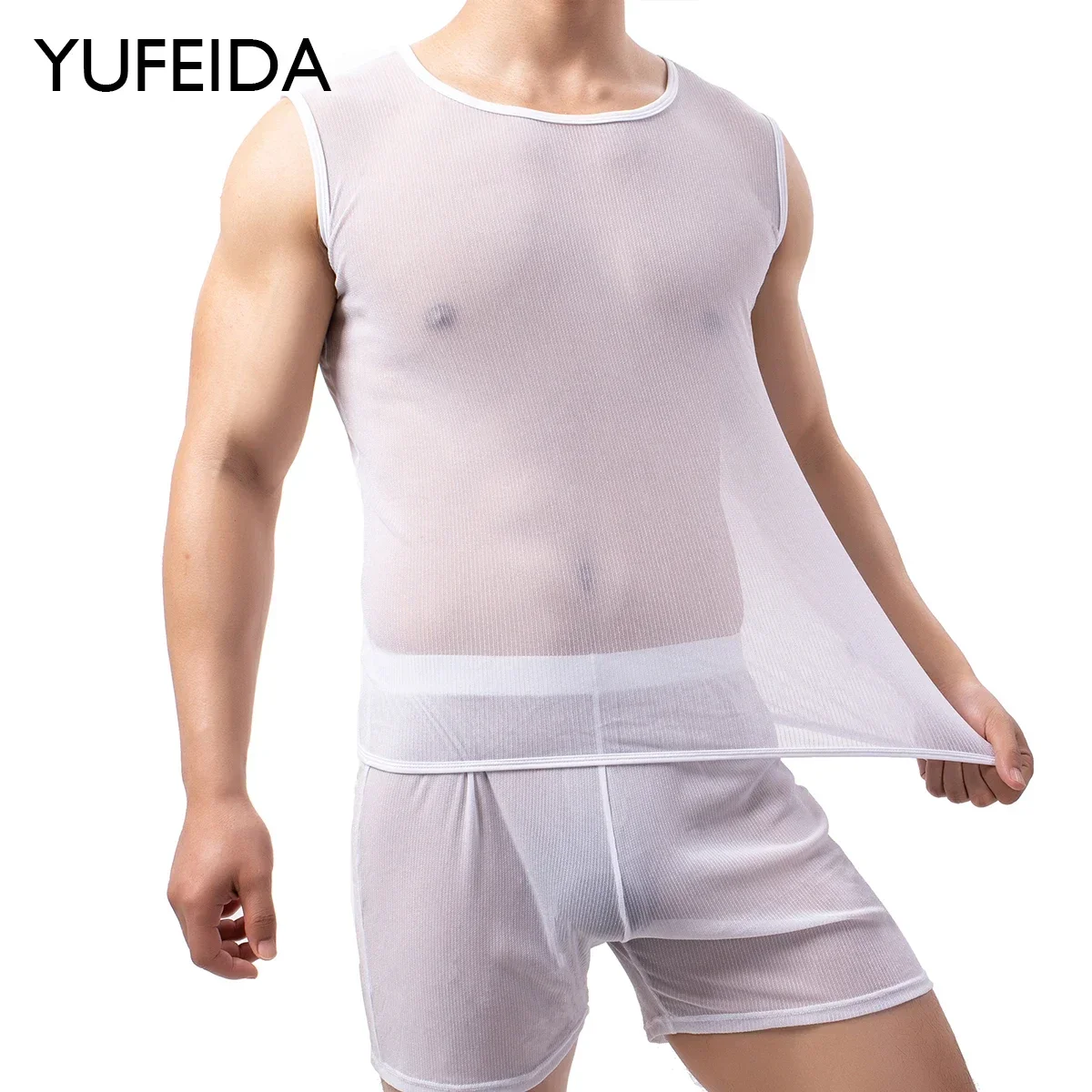 

Sexy Men's Transparent Undershirts Shorts Suits Mesh Sheer Sleeveless T-shirts Short Pants Vests+Boxers Sleepwear Underwear Sets