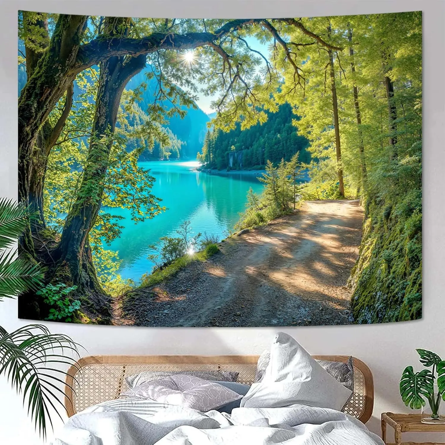 Boho Nature Forest Landscape River Tapestry Wall Hanging Green Scenic Jungle Outdoor Path Print Aesthetic Botanical Decor Poster