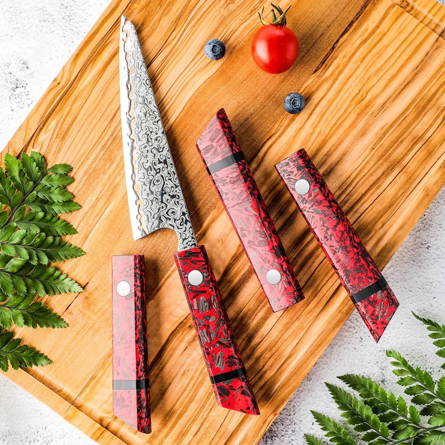 Grandsharp 1-2pcs DIY Knife Handle 139MM&119MM Premium Red Resin + Carbon Fiber for Chef Knife Durable with Comfortable Grip