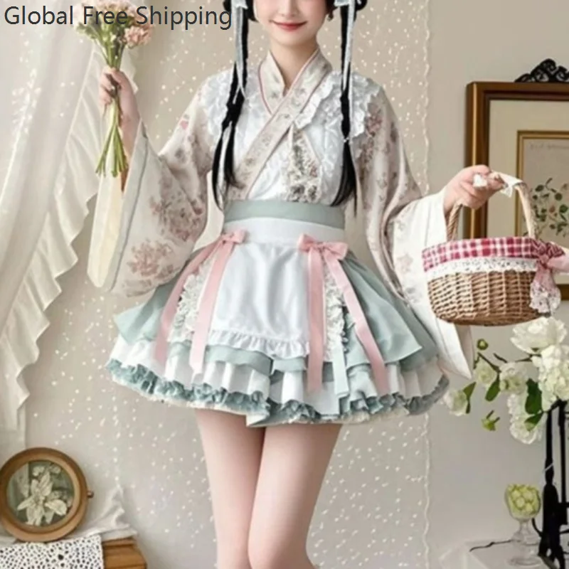 

2025 New Chinese Style Long-sleeved Bow Sweet Lolita Cute Girl Cosplay Dress Female Large Sleeve Cross Collar Lolita Maid Outfit