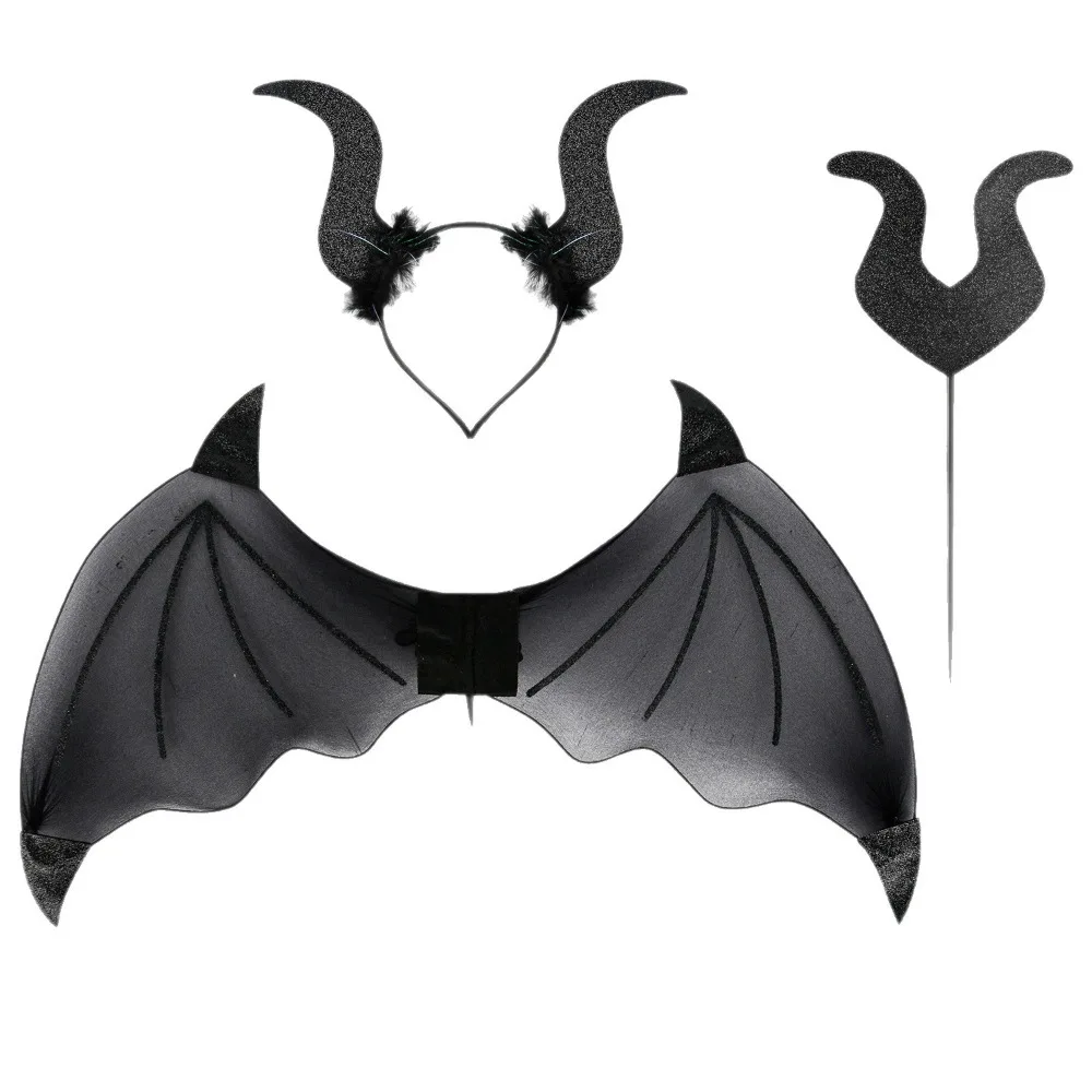 

3Pcs/Set Funny Halloween Cosplay Props Demon Horn Hair Band Bat Wings with Tail Halloween Costume Accessories Party Wand
