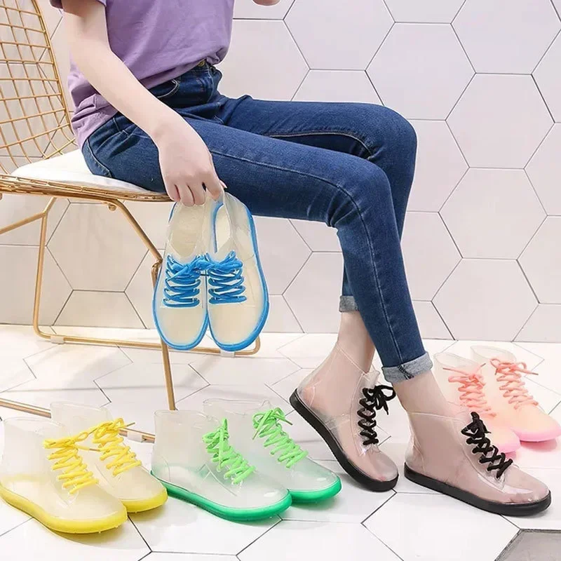 2024 Fashion Waterproof Jelly Shoes New PVC Women Outdoor Transparent Rain Boots Women Casual Lace-up Motorcycle Waterproof Boot