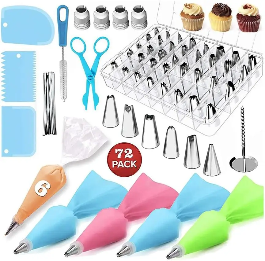 Juego de 72 piezas de suministros para decoración de pasteles, boquillas de acero inoxidable, tijeras para flores, bolsas de decoración y herramientas para pasteles, magdalenas