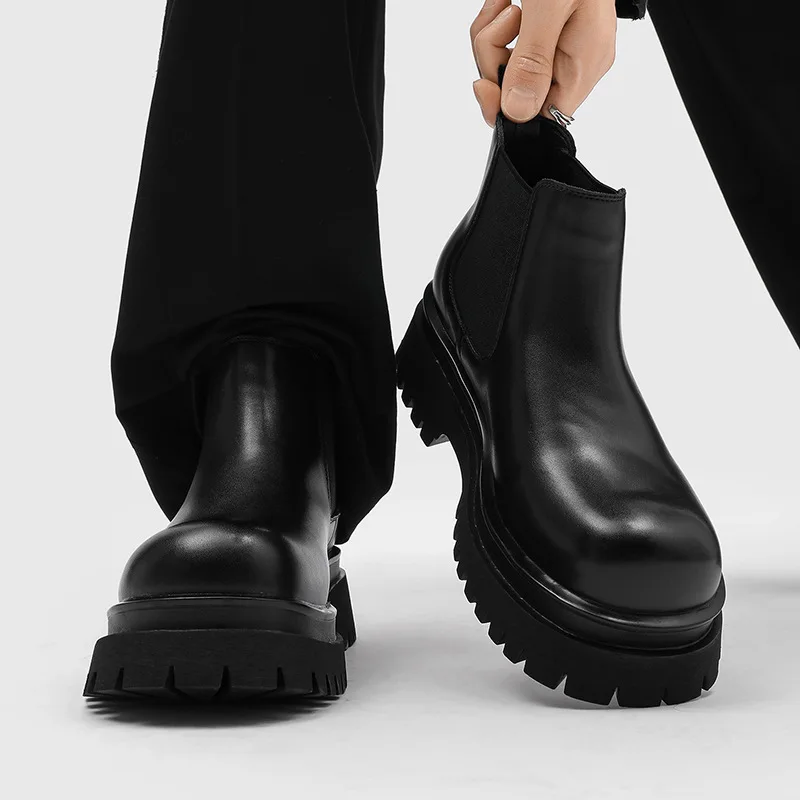 men's casual business office chelsea boots slip-on natural leather shoes cowboy spring autumn platform boot trendy ankle botas