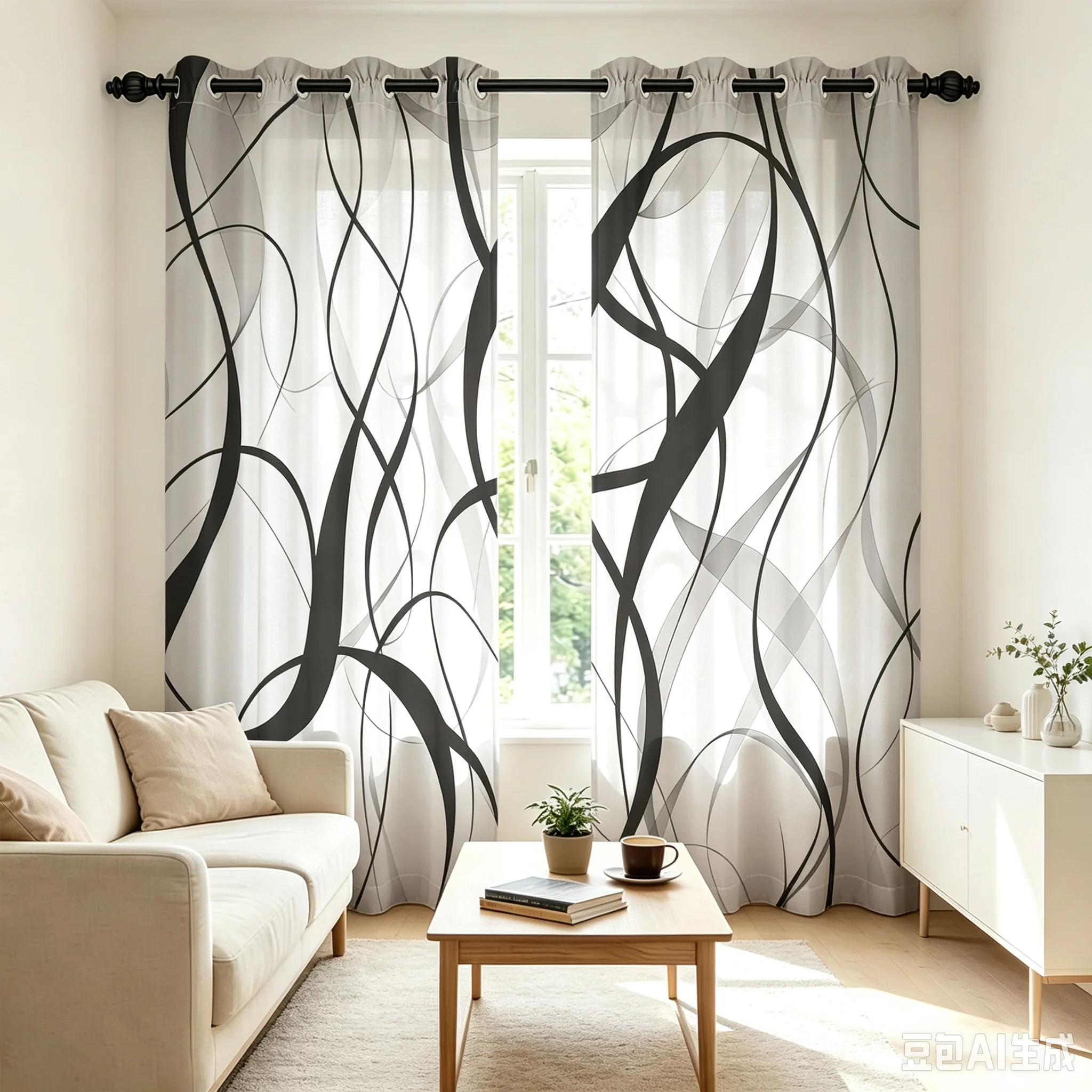 2pcs Black White Abstract Line Print Curtains With Holes Double Sided For Living Room Bedroom Light Blocking Home Window Deco