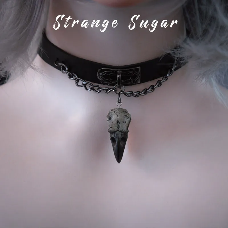 Original Handmade Bird Bone Chain Faux Leather Necklace Chain Choker Gothic Subculture Black Necklace