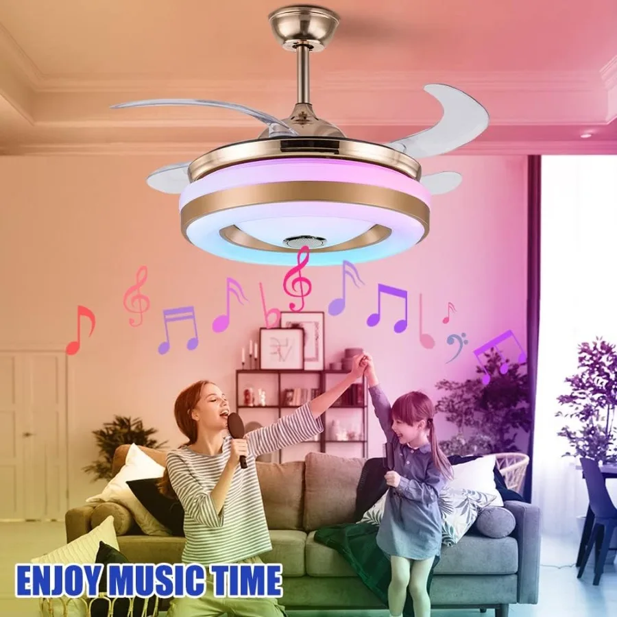 42-inch Ceiling Fan with Built-in LED Light and Remote Control for Indoor Use Modern Hidden Smart Retractable Design Low Profil
