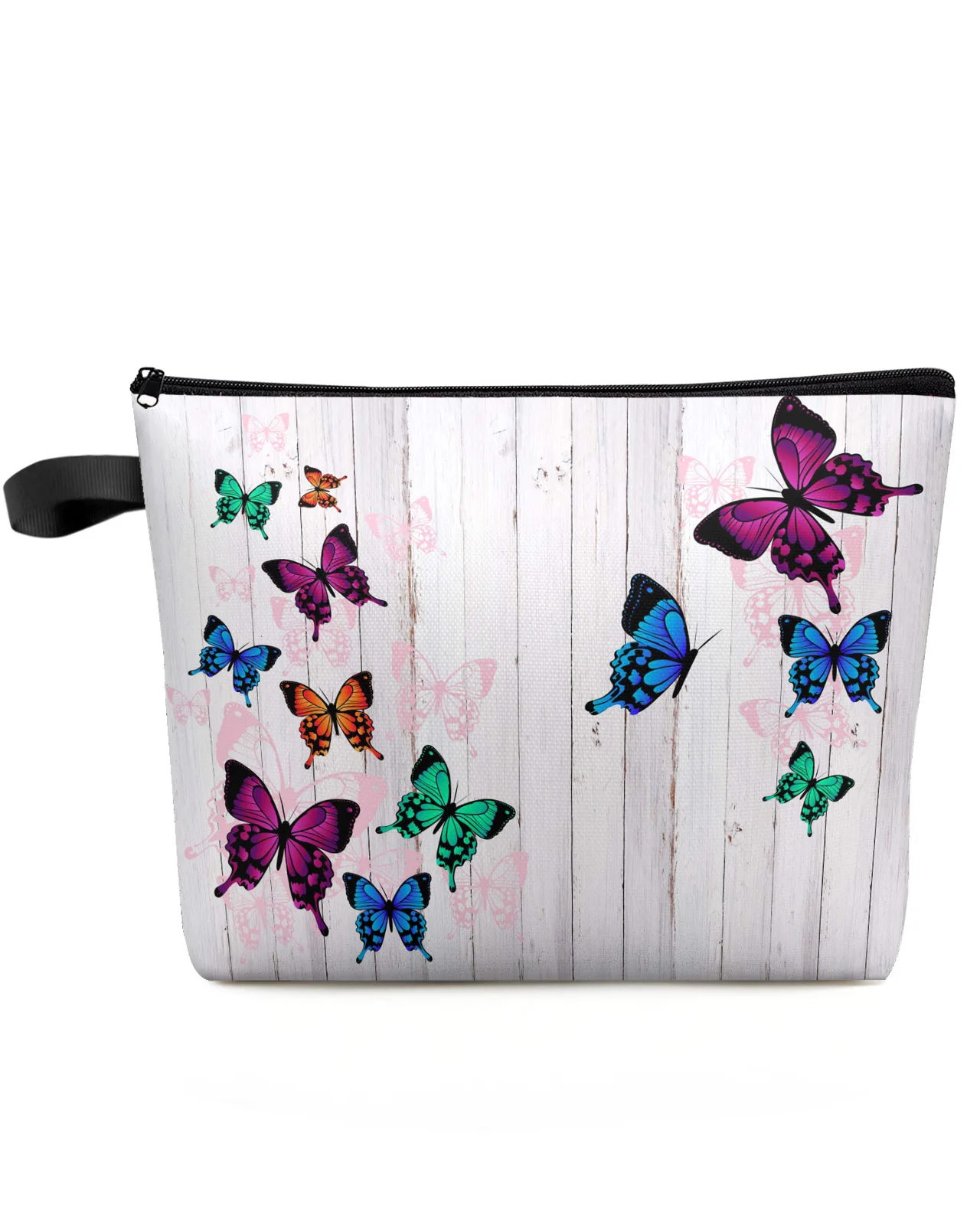 Wood Grain Retro Colorful Butterfly Custom Travel Cosmetic Bag Portable Makeup Storage Pouch Women Waterproof Pencil Case