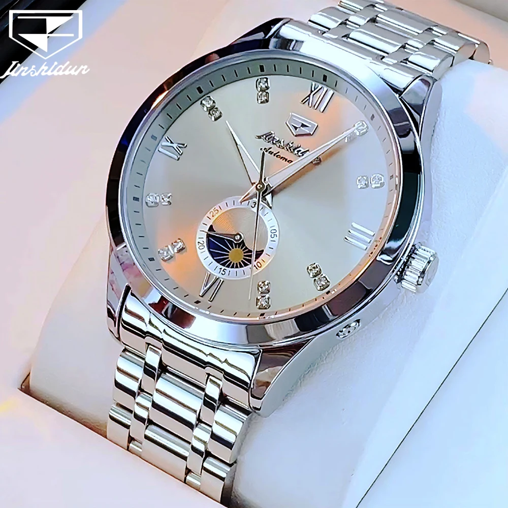 

JSDUN мужские часы, роскошные деловые изысканные стальные оригинальные автоматические механические наручные часы для мужчин, водонепроницаемые светящиеся фазы Луны