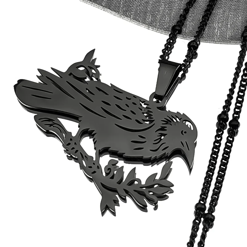 Nordic Odin Black Raven Branch Pendant Necklace For Women Men Stainless Steel Hip Hop Dark Crow Bird Animal Plant Jewelry Gift