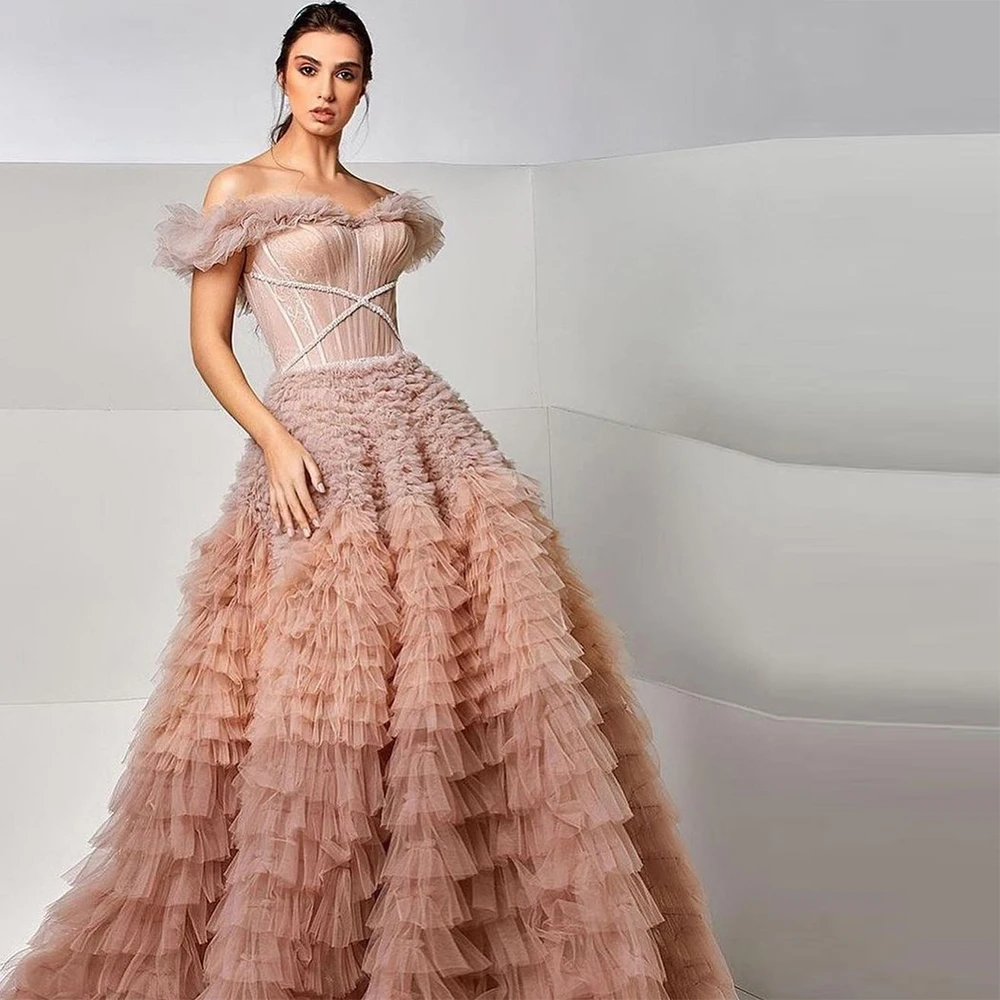 Abito da ballo per donna con spalle scoperte senza maniche lunghezza del pavimento a strati occasioni formali elegante abito da sera di lusso Vestidos