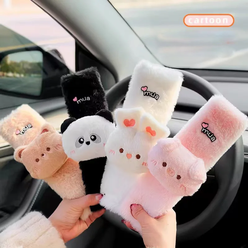 Funda para cinturón de seguridad de coche, bonito lazo de dibujos animados, oso, piel de conejo de imitación, cinturón de seguridad para coche, hombrera de seguridad, Protector de felpa suave, 1 ud.