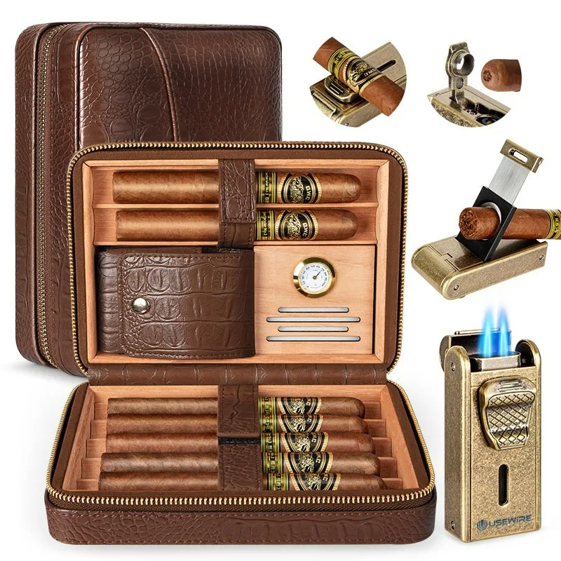 Leder-Humidor mit Feuerzeug, integriertem Cutter, Zigarrenstanzer, Befeuchter und Zedernholztablett