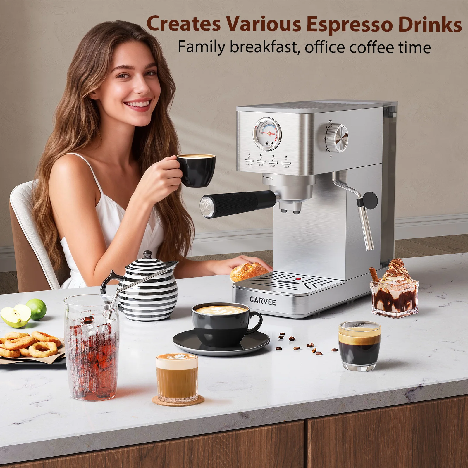 HAUSPROFI Halbautomatische Kaffeemaschine, 1300W, Barista-Stil, Edelstahl, Schnelle Aufheizung, Milchaufschäumer, Schnelle Aufheizfunktion