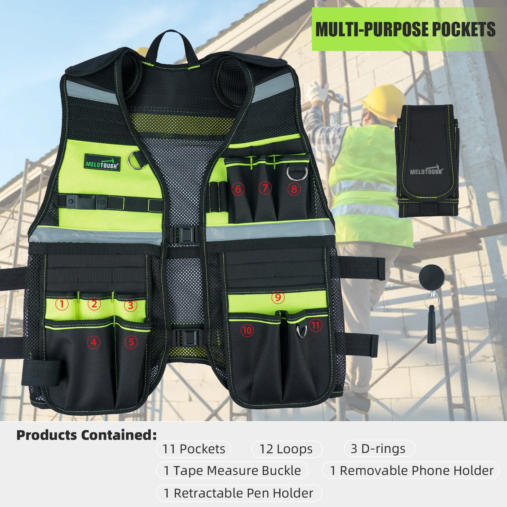 Gilet per attrezzi MELOTOUGH gilet riflettente per attrezzi di sicurezza con supporto per telefono rimovibile per elettricista, carpentiere,