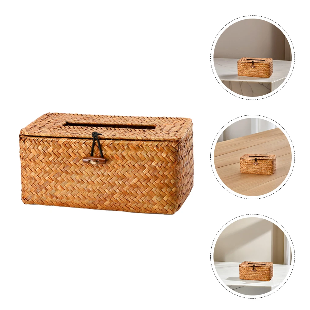 

Straw Tissue Box Holder Decorative Woven Napkin Seaweed Paper Case Home Towel Seagrass