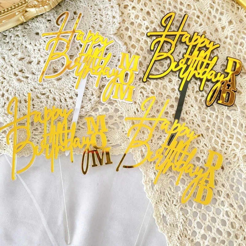 Acrylic Cake Topper Gold Double Layer Happy Birthday Cake Topper Dad and Mom Baking Cake Decoration