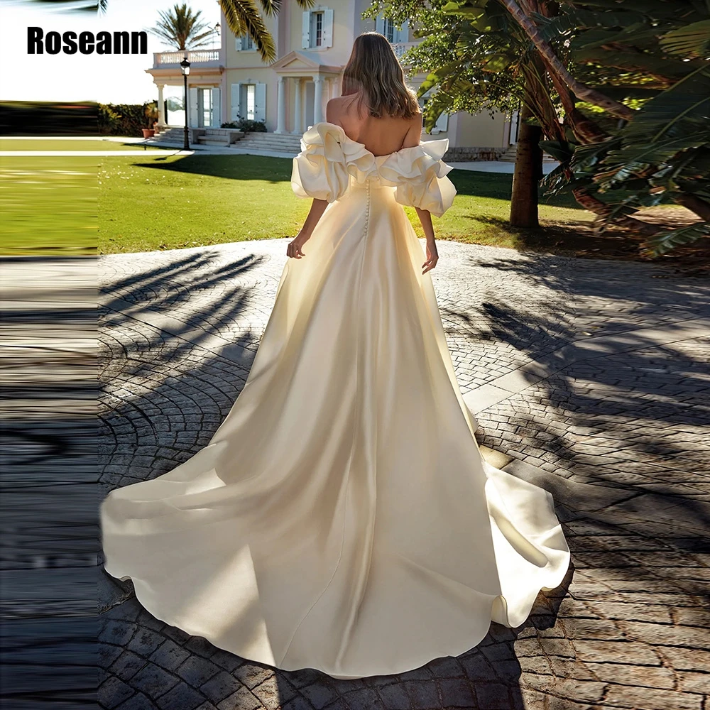 Customized Satin Wedding Dresses 2026 Boat Neck Puffy Short Sleeves Bridal Gowns Button Back Court Train A Line robe de mariée