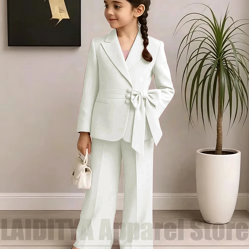 Fashion Girls Suit Side Bow Tie Blazer Flared Pants 2 Piece Kids Wedding Birthday Party Pageant Children Elegant Outfit