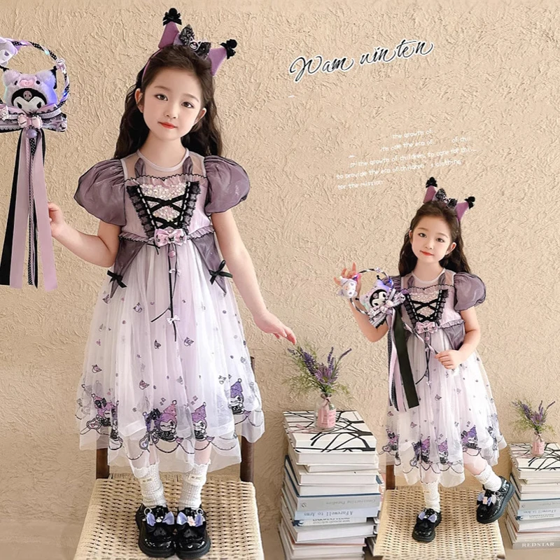 

Kuromi Dress Kawaii Anime Party Dresses Girls Summer Short Sleeve Girl Children's Skirt Girls' Clothes Birthday festival Gift