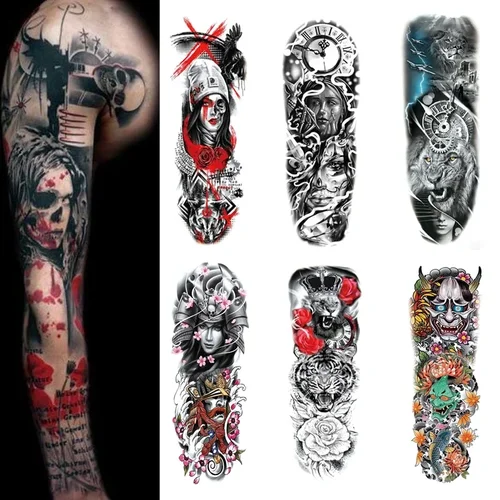 Imagen 2 del producto Tatuajes falsos temporales impermeables para hombre, pegatinas de lobo de largo tiempo, 6 meses, Animal, Tigre, arte corporal, tatuaje falso, Festival, negro
