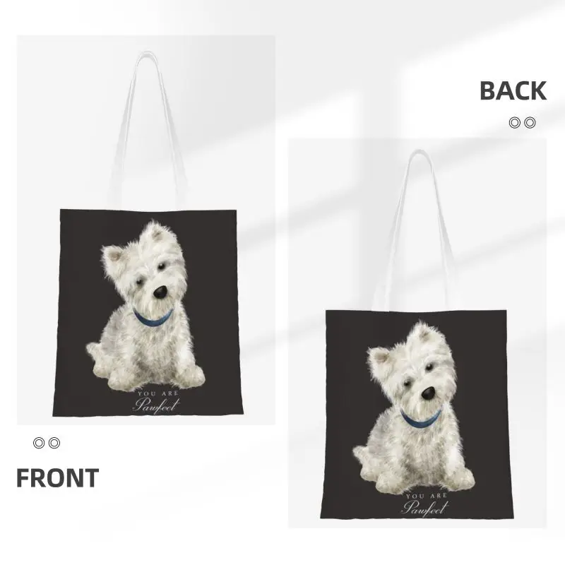 Westie West Highland White Terrier Dog Groceries Tote Shopping Bags Women Canvas Shoulder Shopper Bag Large Capacity Handbag