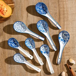 4PCS Blue and White Porcelain Soup Spoon Household Tableware Set Retro Chinese Style Ceramic Soup Spoons Combination Set